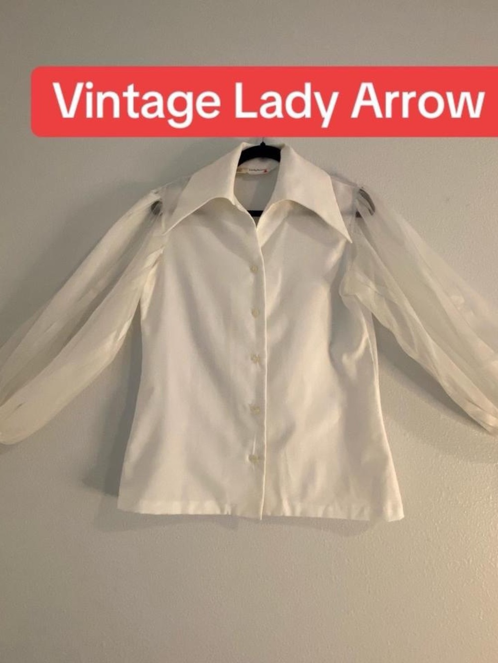 Arrow White Button-Down Blouse with Sheer Puff Sleeves